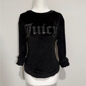 Juicy Couture Velvet Rhinestone Logo Top Black Velour Long Sleeve Size M 🖤
